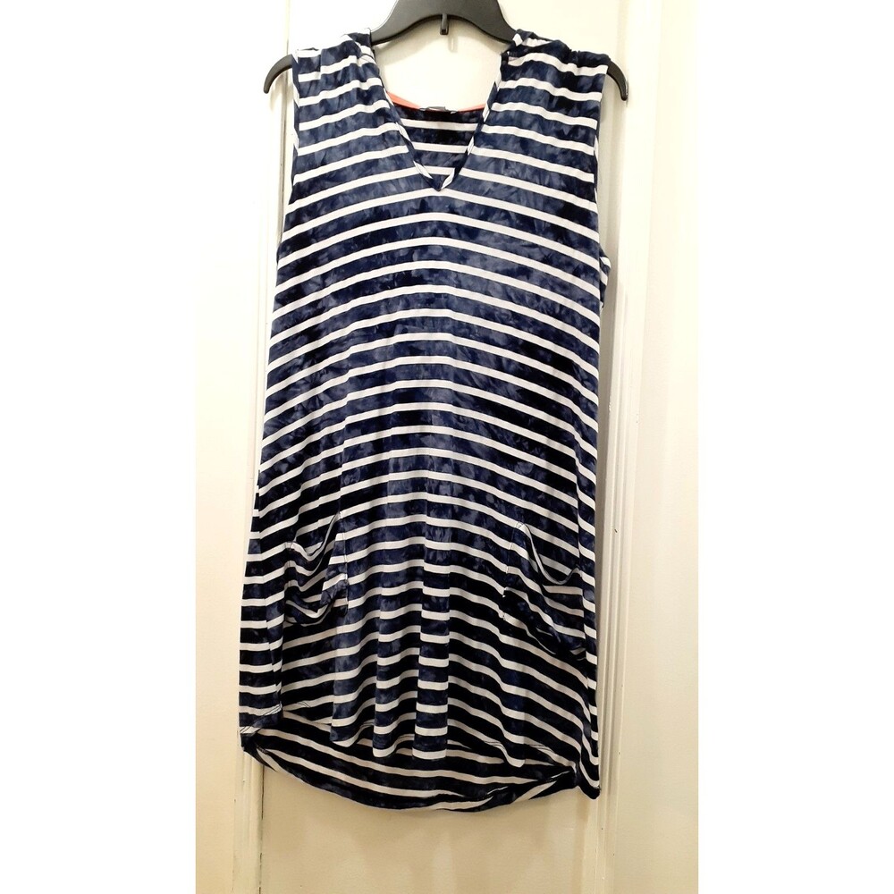 Venus Stripe Swim Cover Up SZ Med Blue & White Stripes Knee Length Pockets Hood